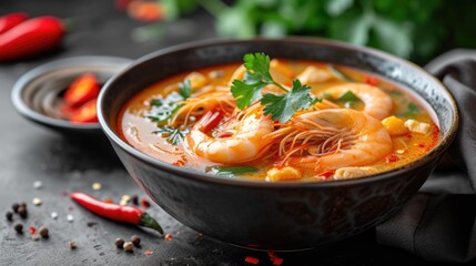 tasty spicy prawn soup or Tom yum kung or Tom yum goong in thai language, one of the most popular menu thai food.  