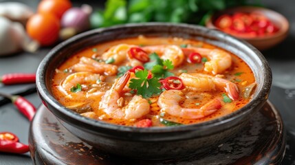 tasty spicy prawn soup or Tom yum kung or Tom yum goong in thai language, one of the most popular...