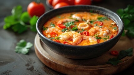 tasty spicy prawn soup or Tom yum kung or Tom yum goong in thai language, one of the most popular menu thai food.  