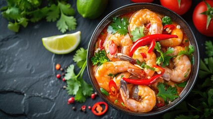tasty spicy prawn soup or Tom yum kung or Tom yum goong in thai language, one of the most popular menu thai food.  