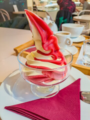 Red and white Vegan Strawberry Ice Cream. Cafe. Czech Republic