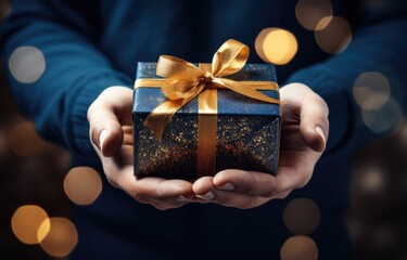 A man holds a packed gift in his hands for his favorite woman