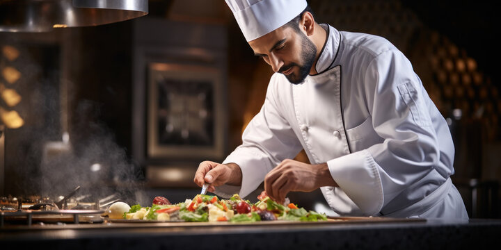 A young and professional chef in a luxury restaurant kitchen, expertly preparing a gourmet meal.