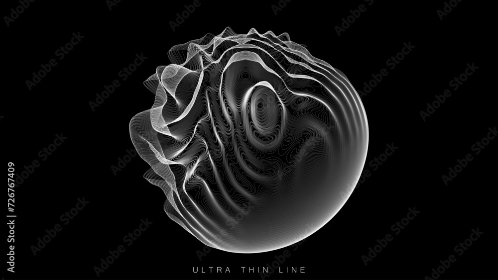 Poster ultra thin line fluid geometry. dynamic vector distorted spheres.
