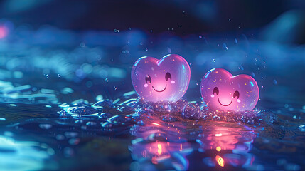 shiny love hearts in waters at night