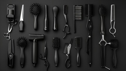 Big Set Of Professional Black Barber Tools. Barber Shop. Hairdresser Concept - obrazy, fototapety, plakaty