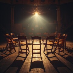Dimly lit theater stage with an inviting ring of chairs, light filtering from above. Ready for improv group.
