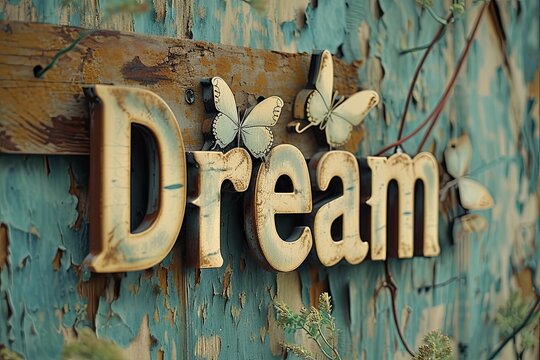 A metal sign with the word "Dream" with butterflies