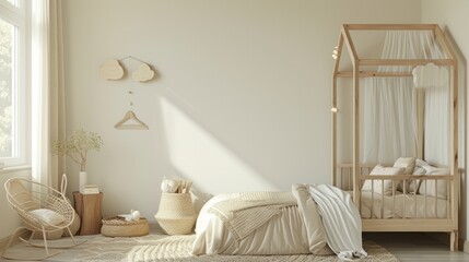 Children bedroom design mock up with unisex natural wooden furniture, panorama, 3d render, 3d illustration