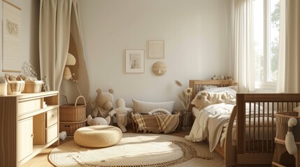 Fototapeta na wymiar Children bedroom design mock up with unisex natural wooden furniture, panorama, 3d render, 3d illustration