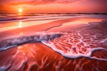  Experience the tranquility of a secluded beach at dawn, with gentle waves kissing the shore, and the sky painted in hues of pink and orange as the sun rises. - obrazy, fototapety, plakaty