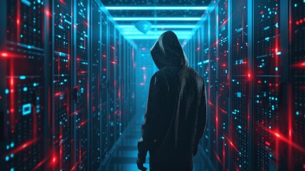 cybersecurity vulnerability Log4J and hacker,coding,malware concept.Hooded computer hacker in cybersecurity vulnerability Log4J on server room background.metaverse digital world technology