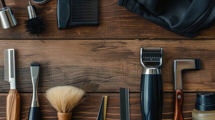 Electric hair trimmer, vintage straight razors, a comb, wax and brush on the wooden background, close-up. Place to insert your text. Hipster grooming - obrazy, fototapety, plakaty