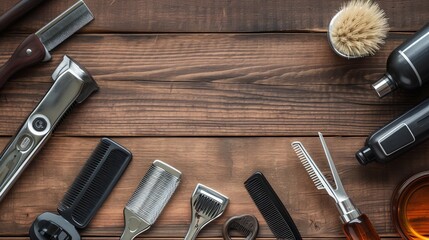 Electric hair trimmer, vintage straight razors, a comb, wax and brush on the wooden background, close-up. Place to insert your text. Hipster grooming - obrazy, fototapety, plakaty