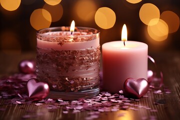 Obraz na płótnie Canvas Romantic Valentines Day candles on light background with beautiful bokeh for romantic atmosphere