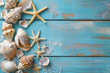 Starfish and shells on blue wooden surface