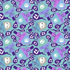 Cartoon retro poison bottle seamless witch Halloween magical accessories pattern for wrapping paper and fabrics