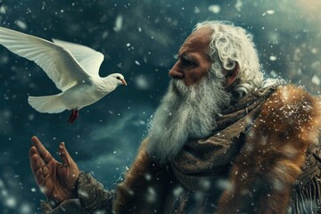 Obraz na płótnie Canvas Poignant portrait biblical figure Noah stands hopeful anticipation, eyes fixed on horizon. Patiently waiting improved weather, he yearns for return of dove, embodying Christian faith and resilience