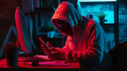 Hacker or phone scammer in hood hacking at computer and mobile smartphone in dark room. Computer criminal uses malware on phone to hack devices. Hacker in dark hoodie in room with neon light using pc - obrazy, fototapety, plakaty