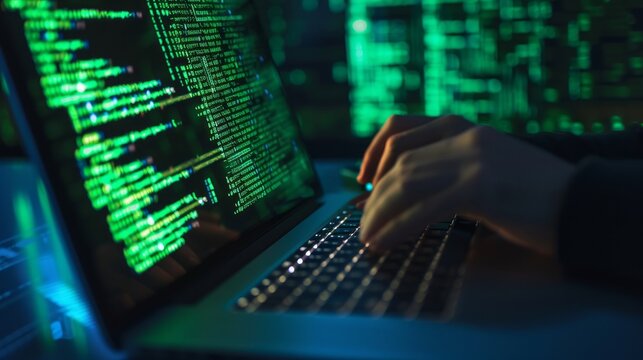 Hacker code in laptop. Cyber security, privacy or hack threat. Coder or programmer writing virus software, malware, internet attack or developing digital design. Green web data in computer screen