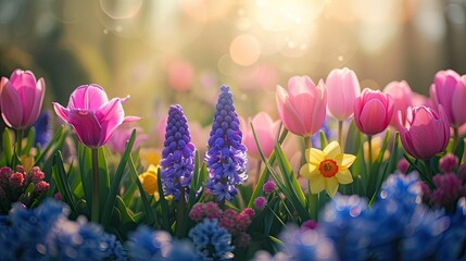 Spring flowers in sunny day in nature, Hyacinths, Crocuses, Daffodils, tulips,, Colorful natural spring background - obrazy, fototapety, plakaty