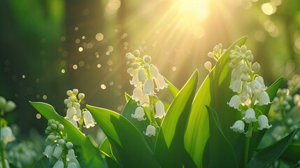 Spring flowers in sunny day in nature, Lily of the valley, Colorful natural spring background - obrazy, fototapety, plakaty