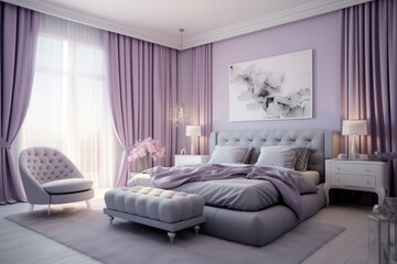 Elegant bedroom in purple tones with luxurious furniture and patterned carpet