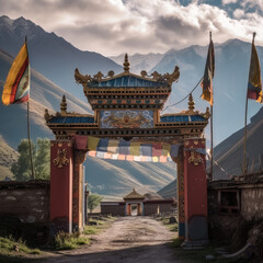 Tibetan Monastery Gate with Serene Prayer Flags