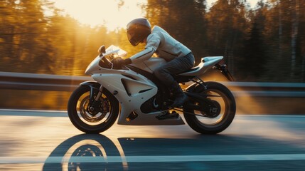 Professional motorbike rider. A motorcycle rides fast on the road. Generative AI. Sport. Copy space for your custom text. Fast motion blur effect