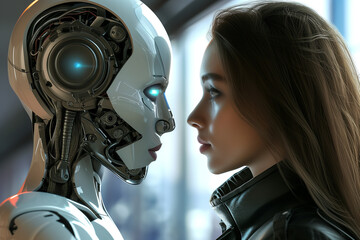 Fototapeta premium Female and robot face closeup on white blurred digital background. Artificial intelligence in virtual reality. Robot head conceptual design closeup portrait beauty Industrial technology concept.