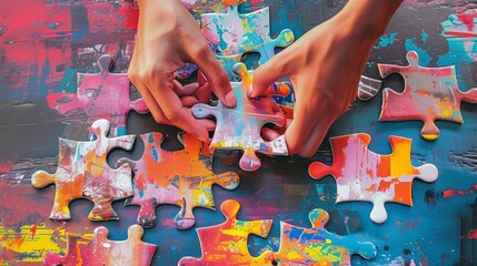 Hands combine puzzle pieces. Art collage - obrazy, fototapety, plakaty