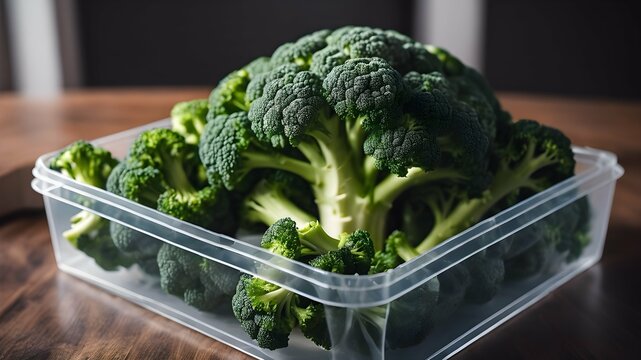 image of broccoli in a plastic box. food and cooking