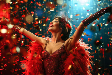 woman in a sequined dress and a feather boa singing on a cabaret stage, in the style of retro,...