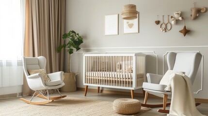 Modern baby room interior with crib and rocking chair