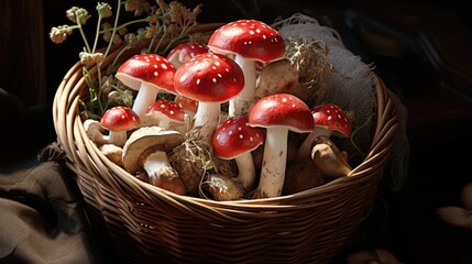 Fly agaric mushrooms in a basket illustration. Dangerous poisonous mushroom fly agaric, red mushroom, toadstool, fly agaric. Collect forest mushrooms. - obrazy, fototapety, plakaty