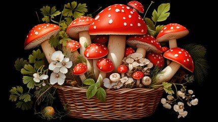 Fly agaric mushrooms in a basket illustration. Dangerous poisonous mushroom fly agaric, red mushroom, toadstool, fly agaric. Collect forest mushrooms. - obrazy, fototapety, plakaty
