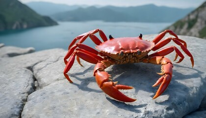 image of a crab sitting on a stone against the background of the sea