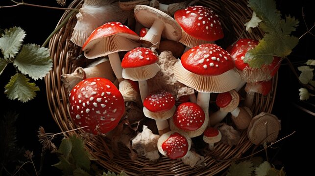 Fly agaric mushrooms in a basket illustration. Dangerous poisonous mushroom fly agaric, red mushroom, toadstool, fly agaric. Collect forest mushrooms.