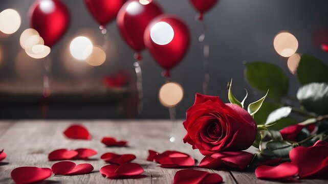 image of a red rose and petals on a festive background with red balls. Valentine's Day and World Women's Day March 8