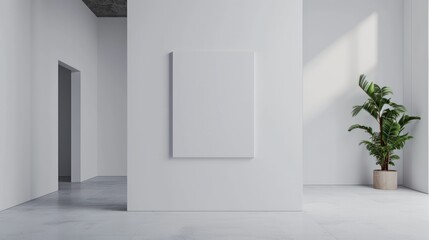empty white room with blank canvas poster mockup on the white wall
