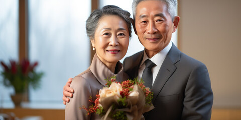 A cheerful Chinese senior couple, stylishly embracing, celebrating love with tender smiles and flowers.