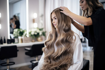 Fototapeta premium A professional hairstylist works on a young woman's long, wavy hair in a beauty salon.