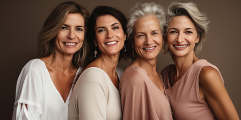Fototapeta premium A group of four cheerful and diverse mature women enjoying each other's company in a studio setting.