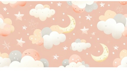 Seamless clouds, stars, and crescent background in pale pastel colors. For nursery room wallpaper, decoration, web banners, headers, etc.