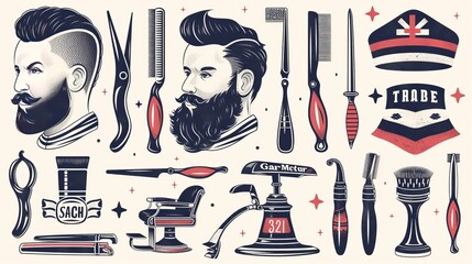 Set of vintage barber shop logo graphics and icons - obrazy, fototapety, plakaty