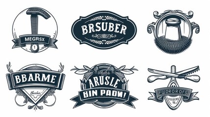 Set of vintage barbershop emblems, labels, badges, logos. Layered. Text is on separate layer. Isolated on white background
