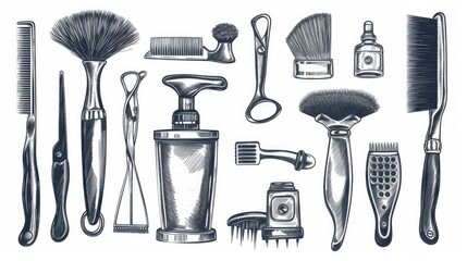Set of vintage monochrome barber tools and elements. Isolated on white background