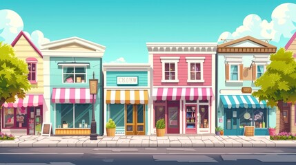Shops fronts on street. Shopping retail facades, bistroshop and barber boutique, bakery and pet store with sidewalk cartoon vector illustration, neighborhood store exteriors
