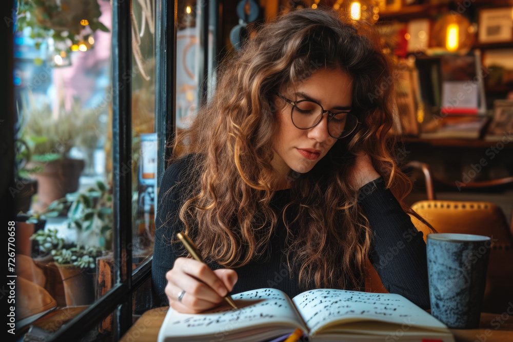 Poster writer writing a novel in a cafe with a pen and a imaginative look on their face and a notebook with