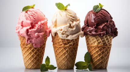 Ice cream in waffle cones on a white background. A set of different types of ice cream balls in waffle cones with fruits, berries, chocolate, caramel and sweets. Summer and sweet ice cream menu.